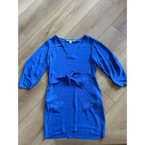 Diane Von Furstenberg Blue Silk V Neck Belted 3/4 Sleeve‎ Sheath Dress Size 2